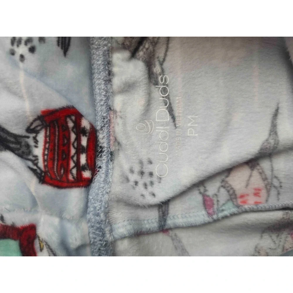 Cuddl Duds Pajama Set Womens Size PM Gray Blue Fleece Bird Print Winter Warm